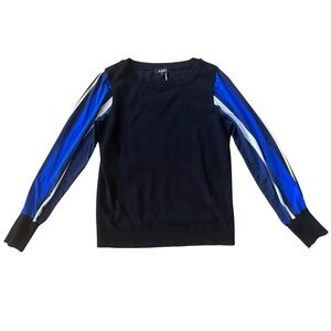 DKNY Black Knit Sweater with Blue Mesh Sleeves | Size Medium